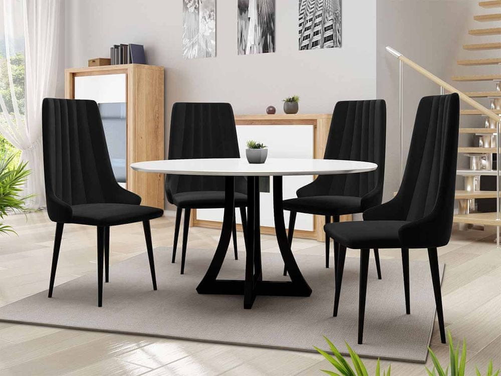 Veneti Okrúhly jedálenský stôl 100 cm so 4 stoličkami TULZA 1 - lesklý čiernobiely / čierny